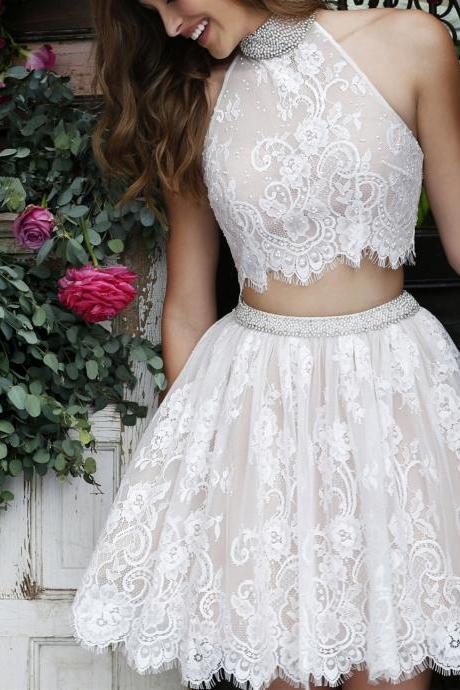 Sweet Two Pieces Lace Beaded Homecoming Dress,halter Sleeveless Mini Party Dress